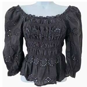 Adiva Dark Cottagecore Eyelet Top Sz M Black Puff‎ Sleeve Goth Milkmaid Crop